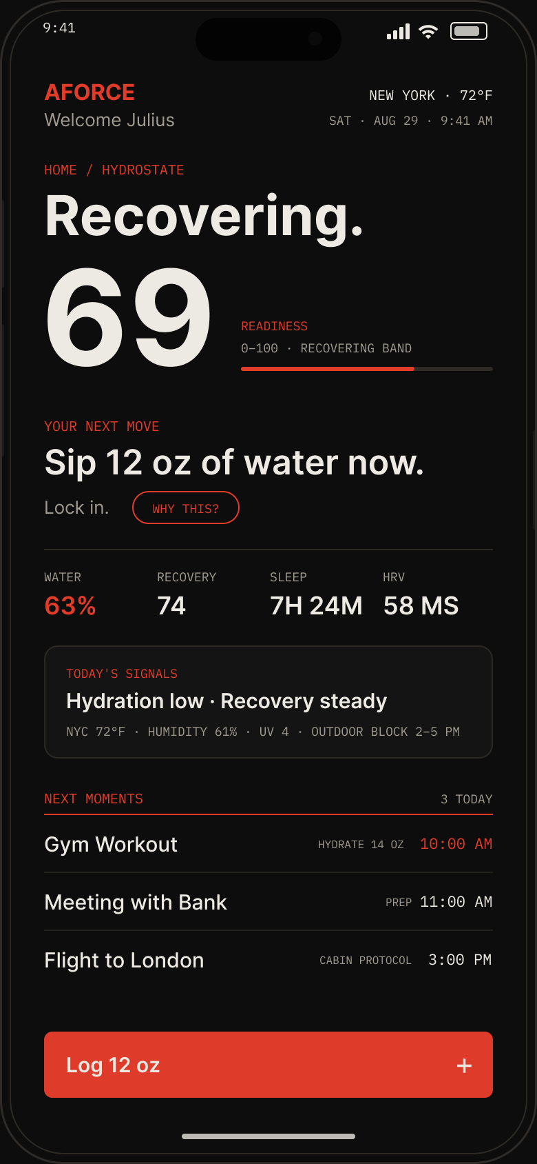 HydroState — Recovering, 69 on a 0 to 100 readiness band. Water 63 percent, recovery 74, sleep 7 hours 24 minutes, HRV 58 milliseconds.