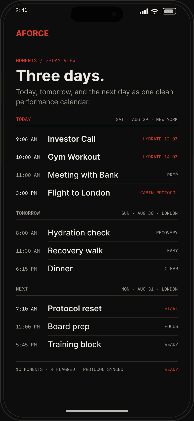 AFORCE OS Moments — a three-day view: today's workout, investor call, meeting with bank and flight to London, with tomorrow and the next day in London.