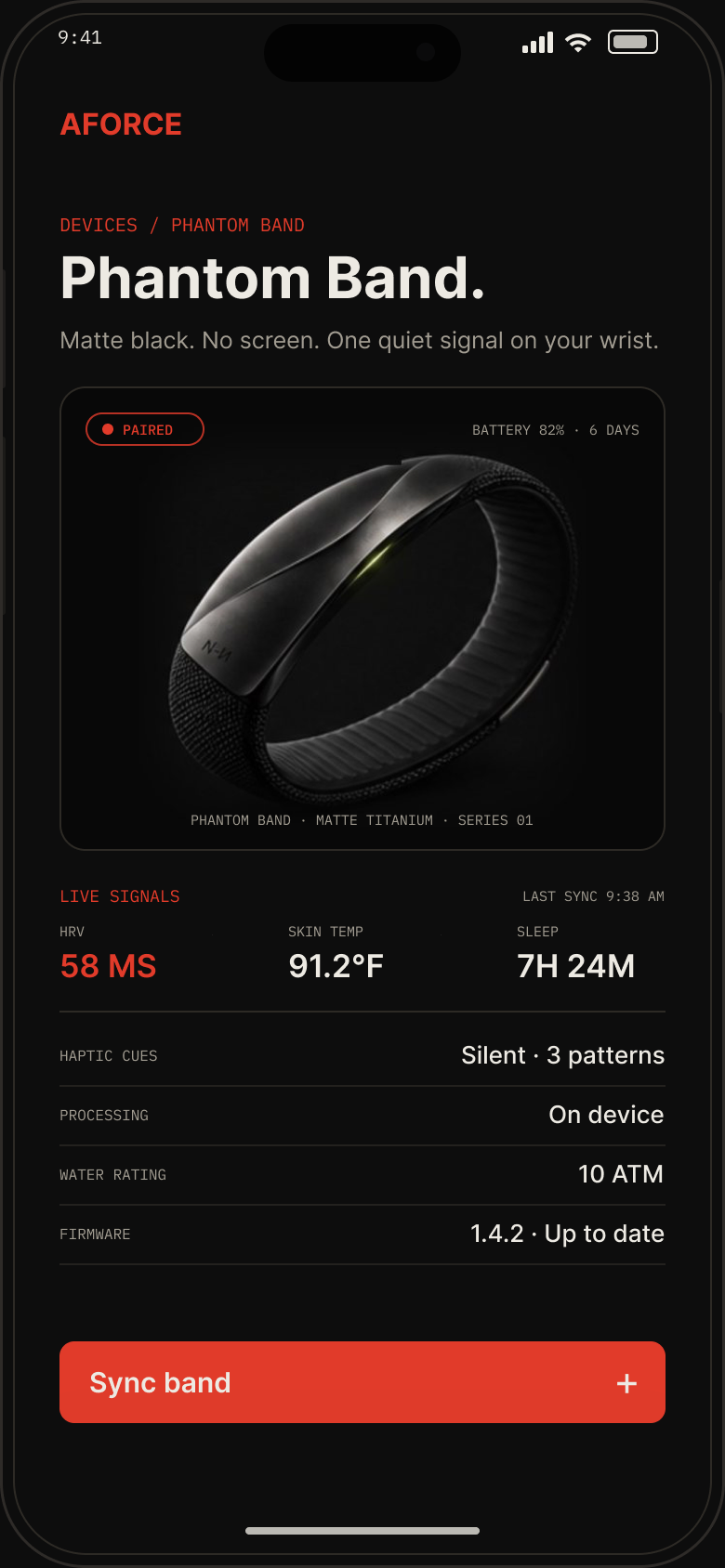 Phantom Band design preview — matte black, no screen, one quiet signal on your wrist. Signals only, not a medical device.