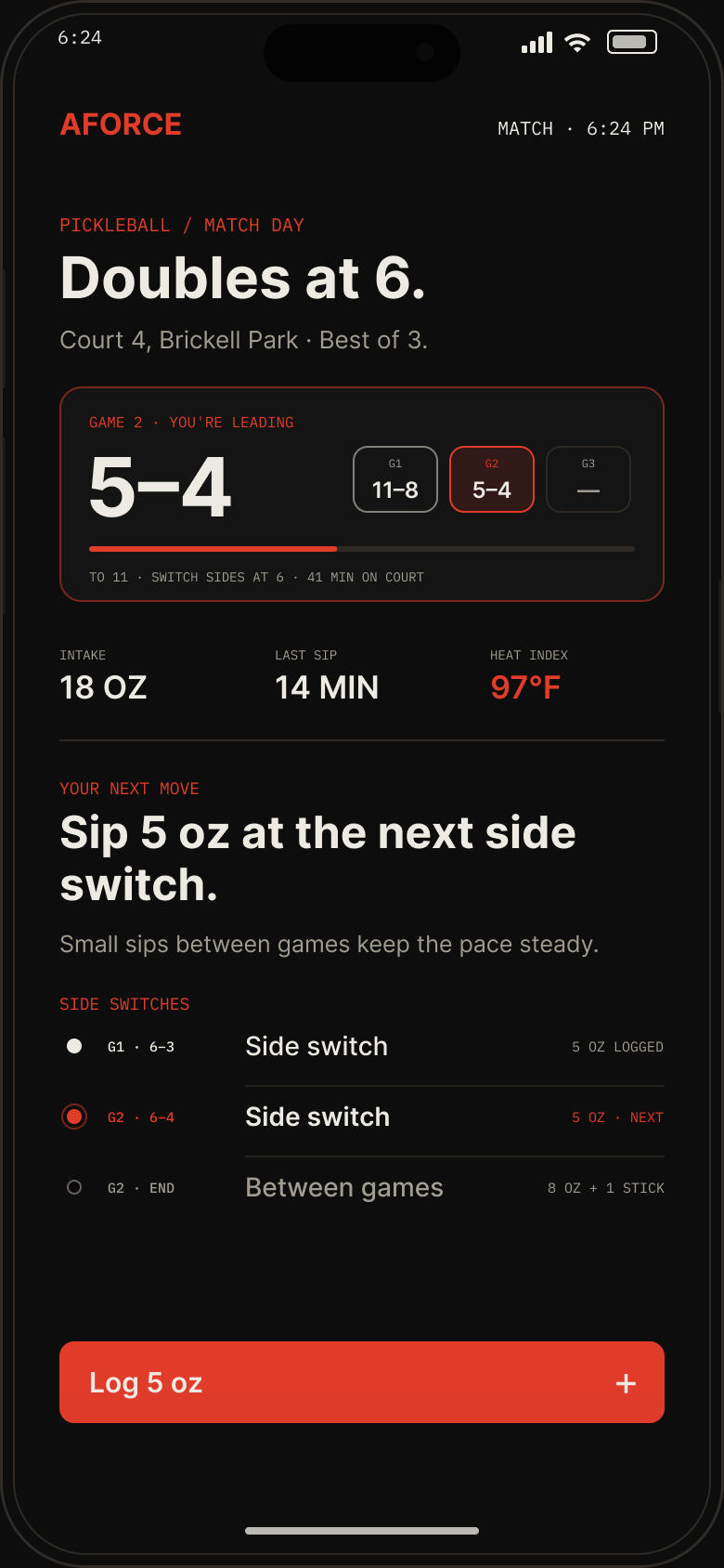 During — AFORCE OS match day: doubles at 6, game 2, your next move is to sip 5 oz at the next side switch.