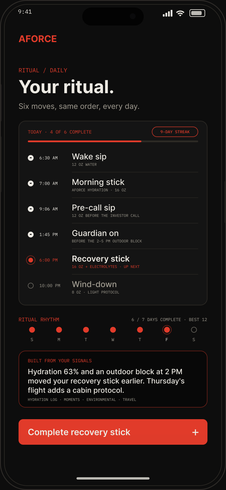 Before — AFORCE OS daily ritual, built from your signals: wake sip, morning stick, a 12 oz pre-call sip before the 9:06 investor call, Guardian on before the 2 to 5 PM outdoor block, a recovery stick moved earlier and up next, and a light wind-down. Thursday's flight adds a cabin protocol.