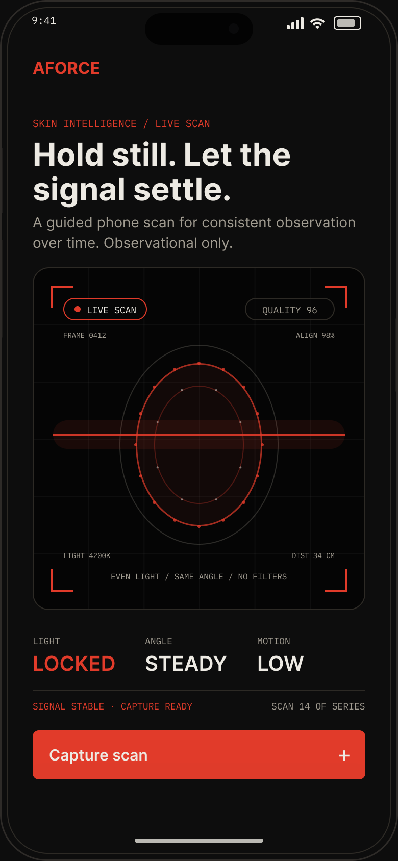 Skin Intelligence live scan — hold still, let the signal settle. A guided phone scan for consistent observation over time; observational only, not a diagnosis.