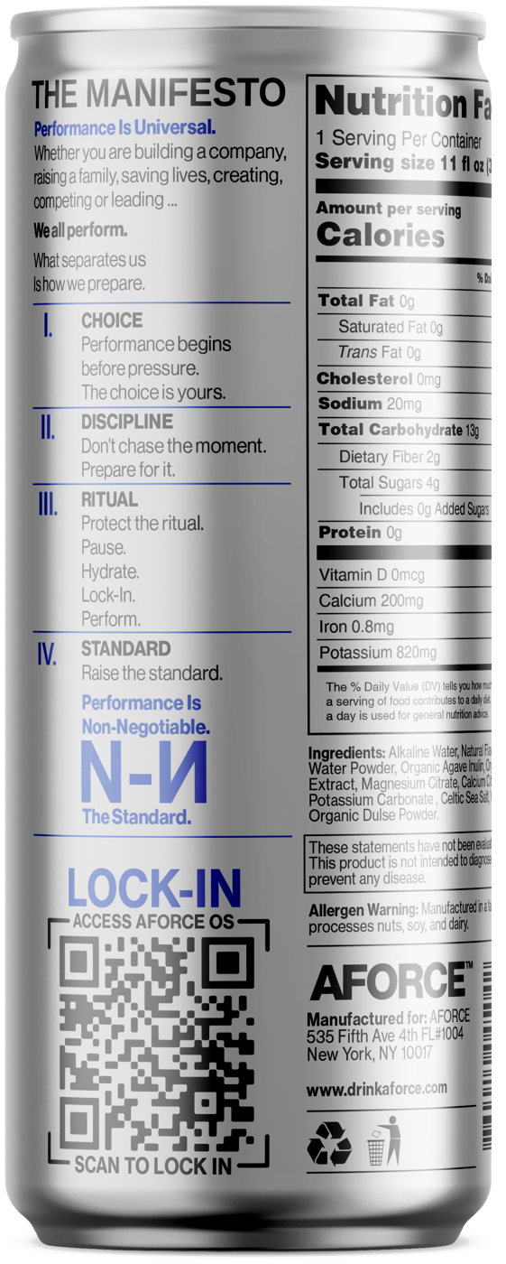 AFORCE can — back panel: The Manifesto, Nutrition Facts, and Lock-In QR