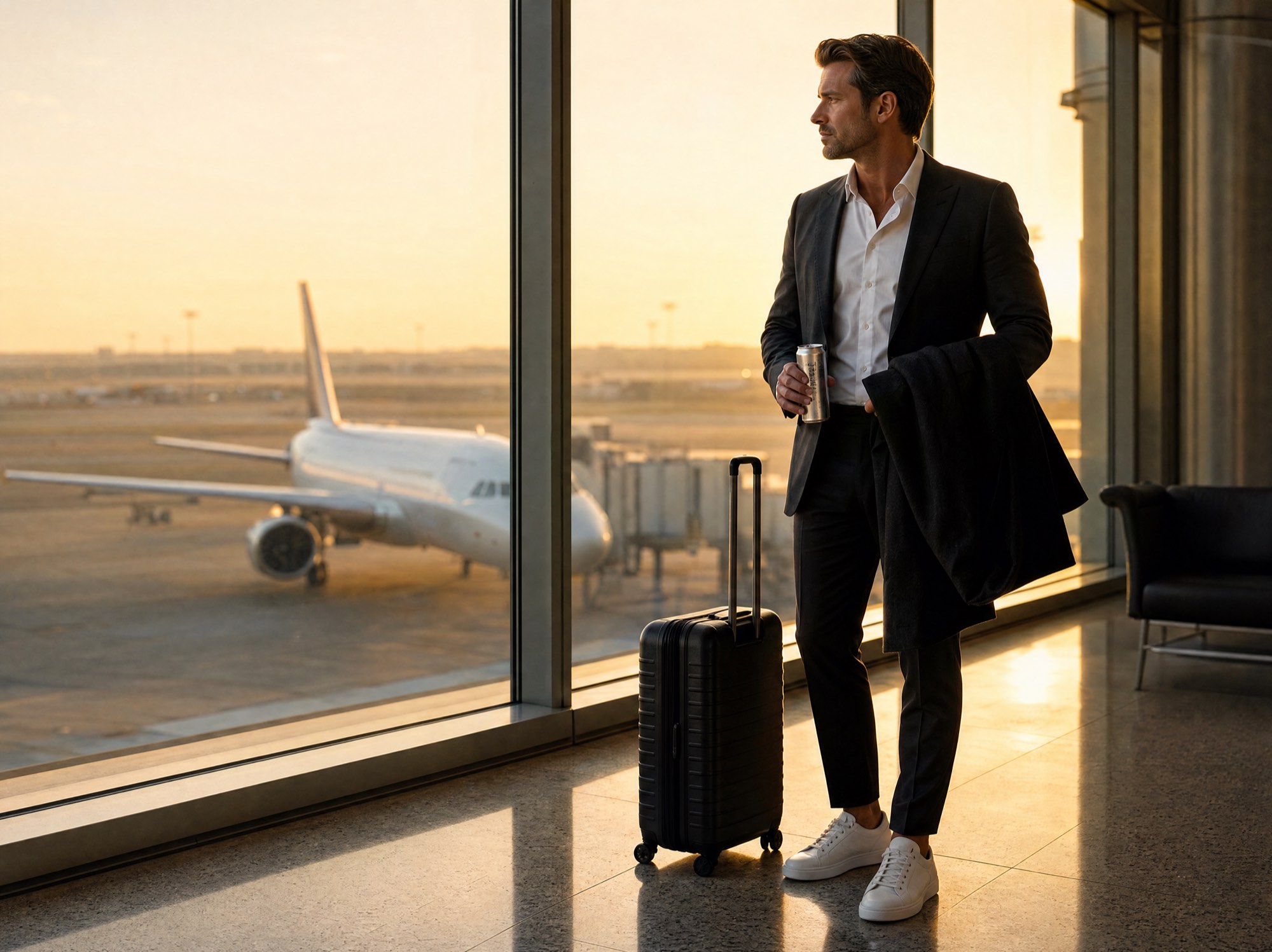 A traveler in a quiet airport lounge at golden hour, suitcase beside him, an aircraft at the gate beyond the glass