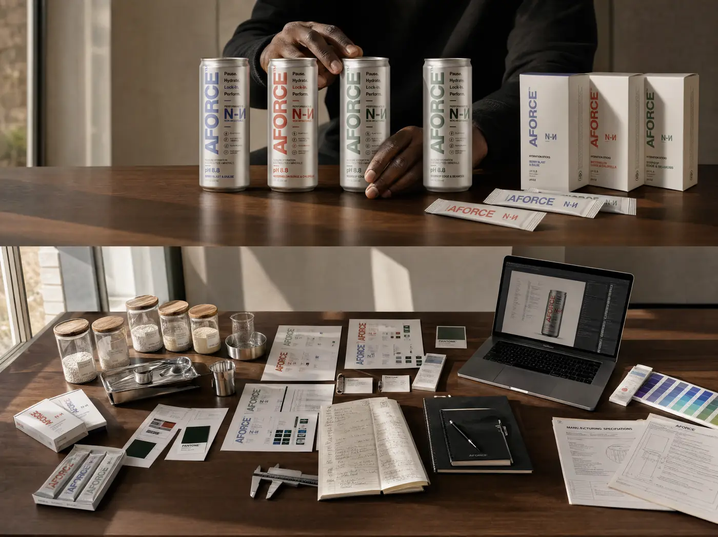 AFORCE cans, stick sachets, boxes, brand sheets and formulation notes laid out across a development worktable