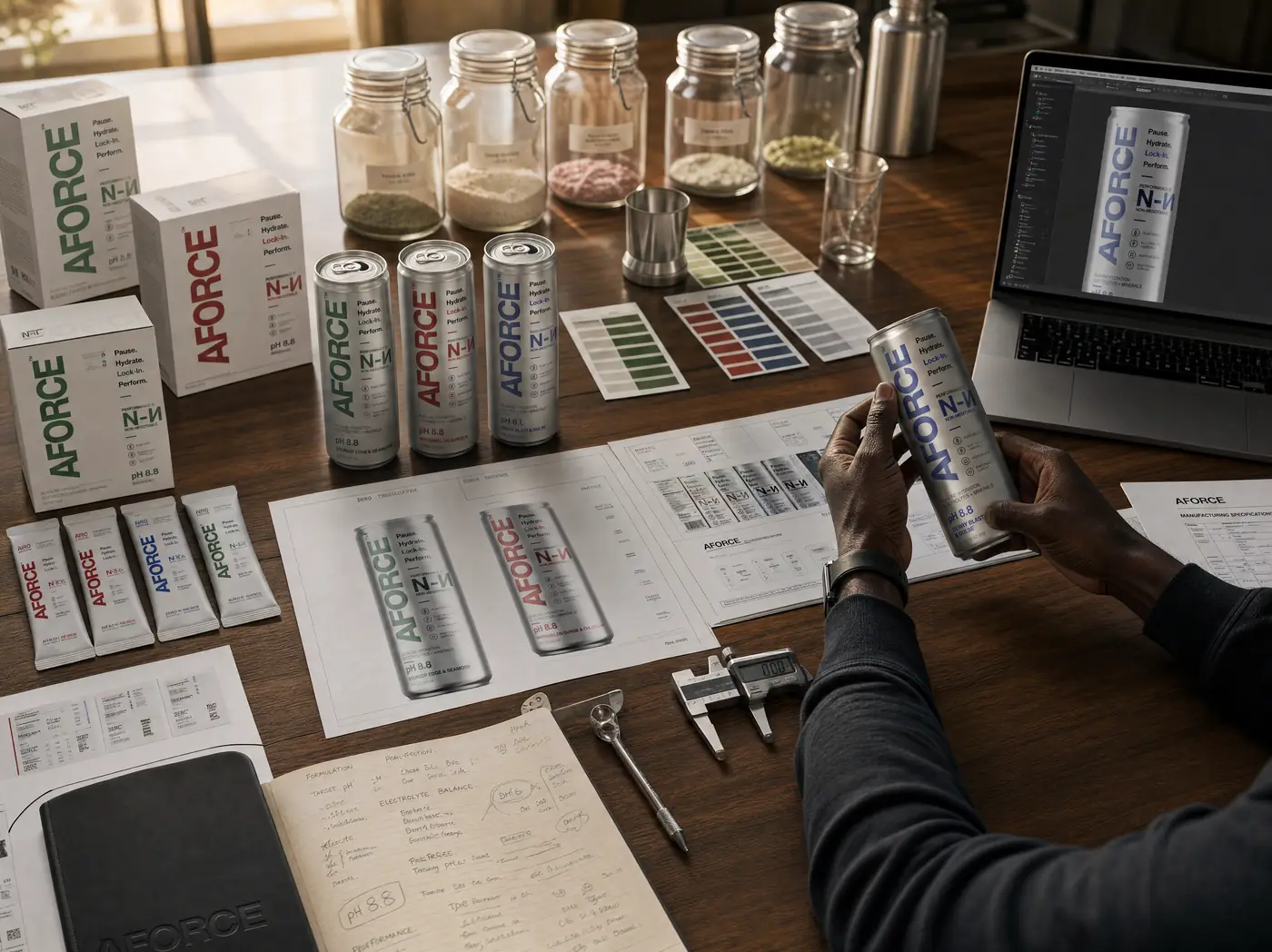 AFORCE founder holding a Berry Blast & Dulse can at a product-development desk with cans, packaging, colourways and formulation notes