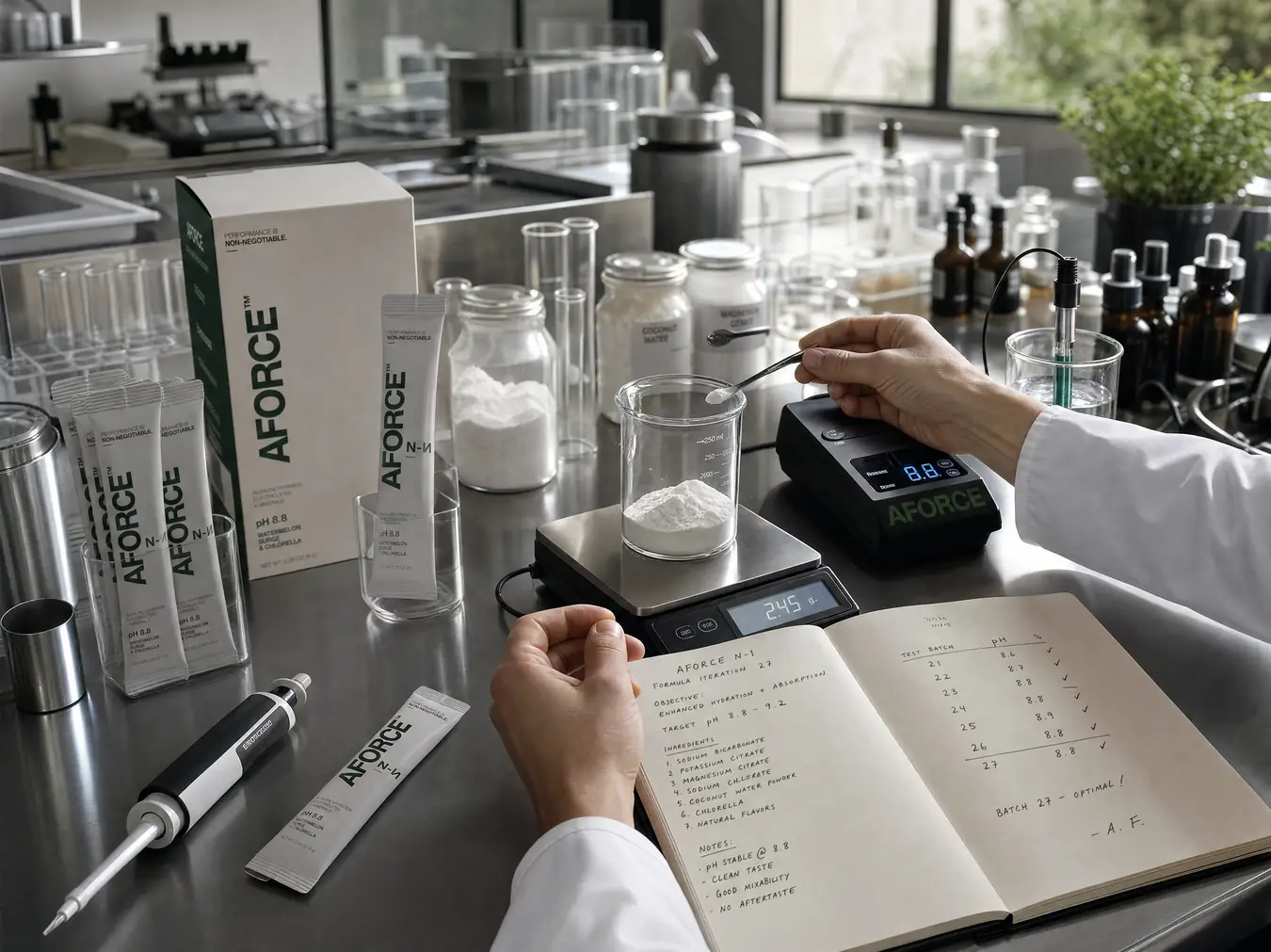 AFORCE formula notebook, hydration sticks and a lab scale during formulation work
