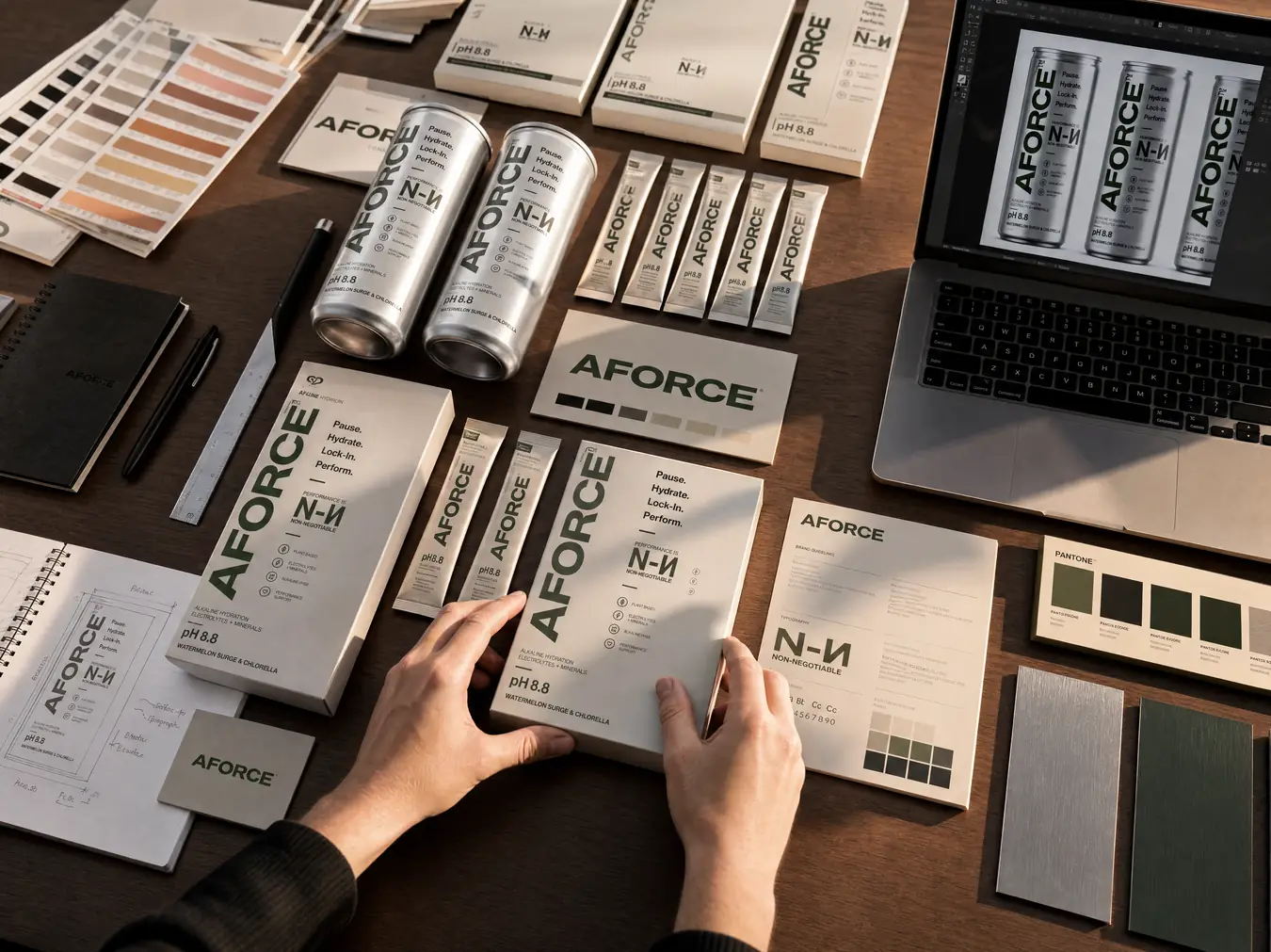 AFORCE packaging, brand guidelines and hydration sticks laid out during a design review