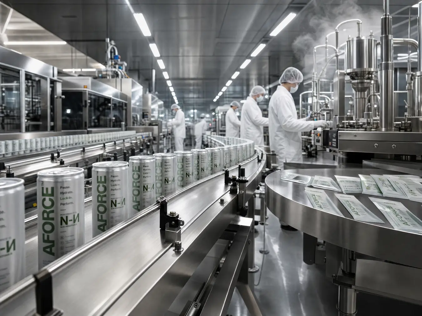 AFORCE cans and stick sachets moving through a production and packaging line