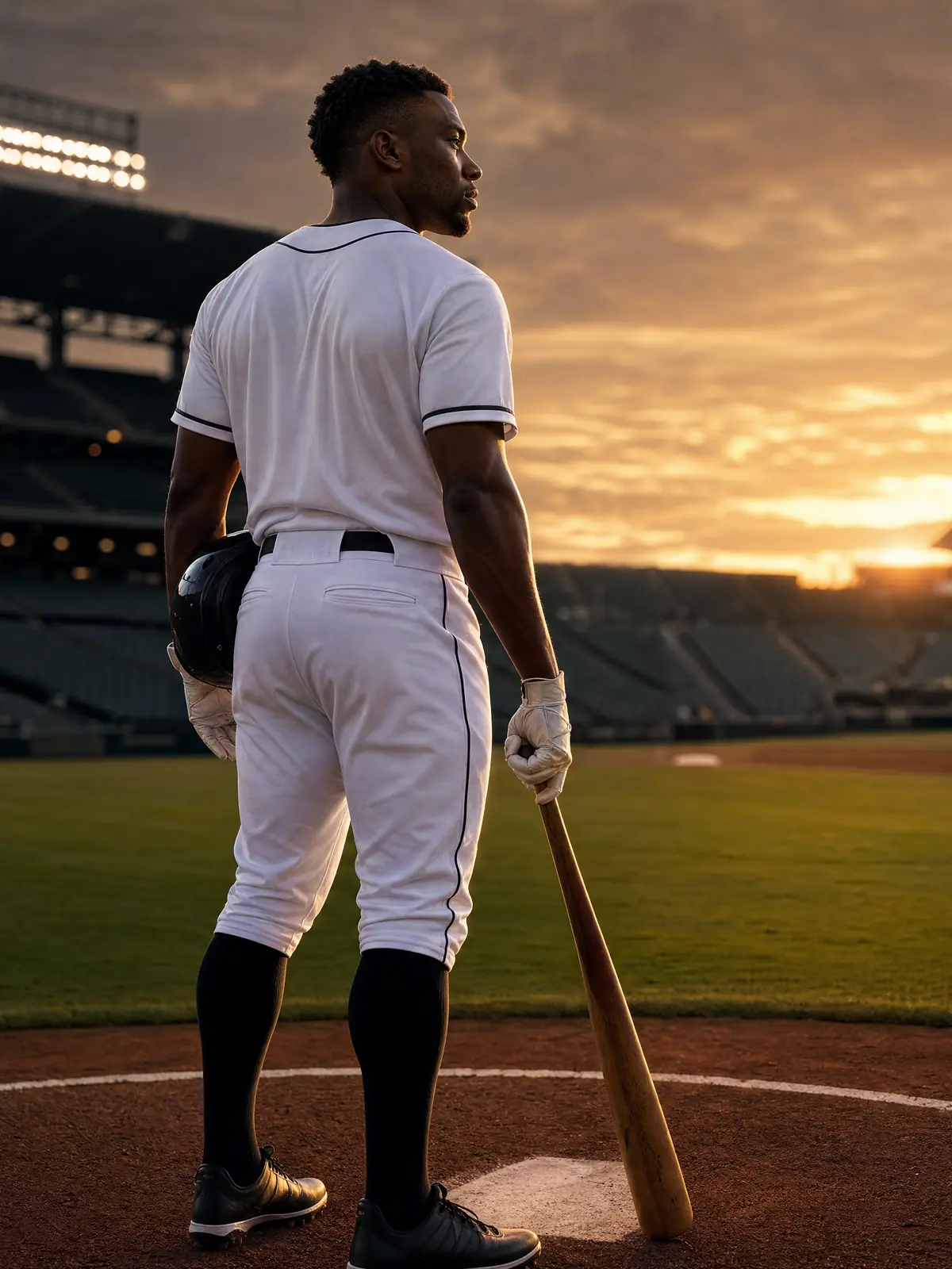 An athlete steady on the field at sunset before the game