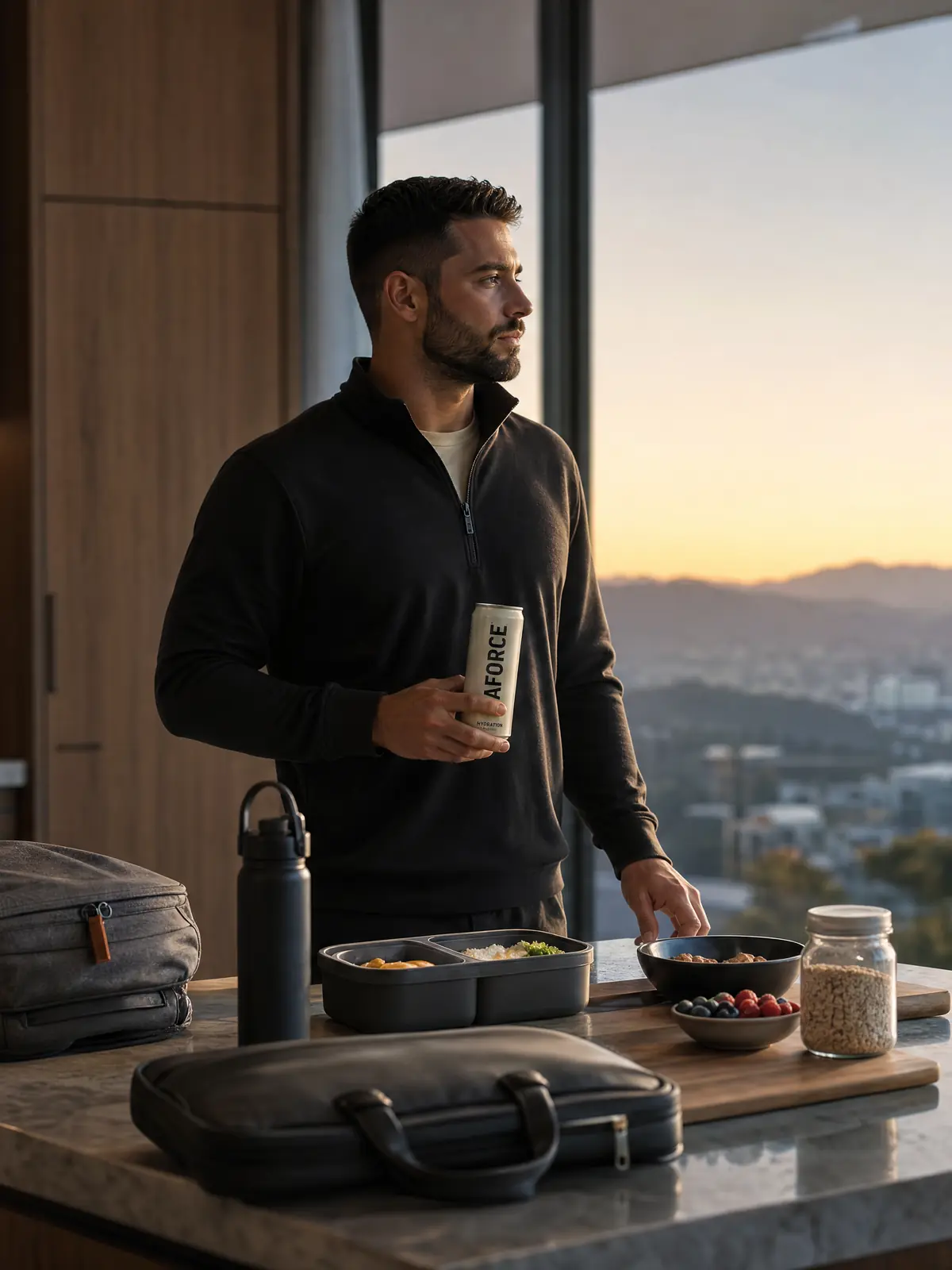 A parent preparing at the kitchen counter before the day begins