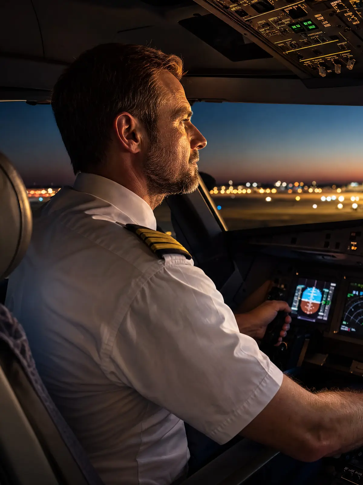 A pilot focused in the cockpit at dusk before departure