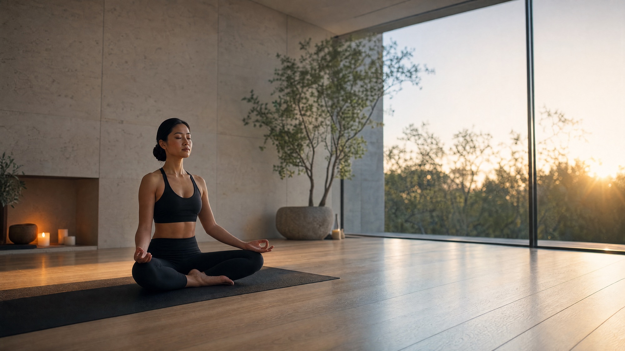 A woman sits in cross-legged meditation on a mat in a calm, minimalist room at golden hour, floor-to-ceiling window behind her